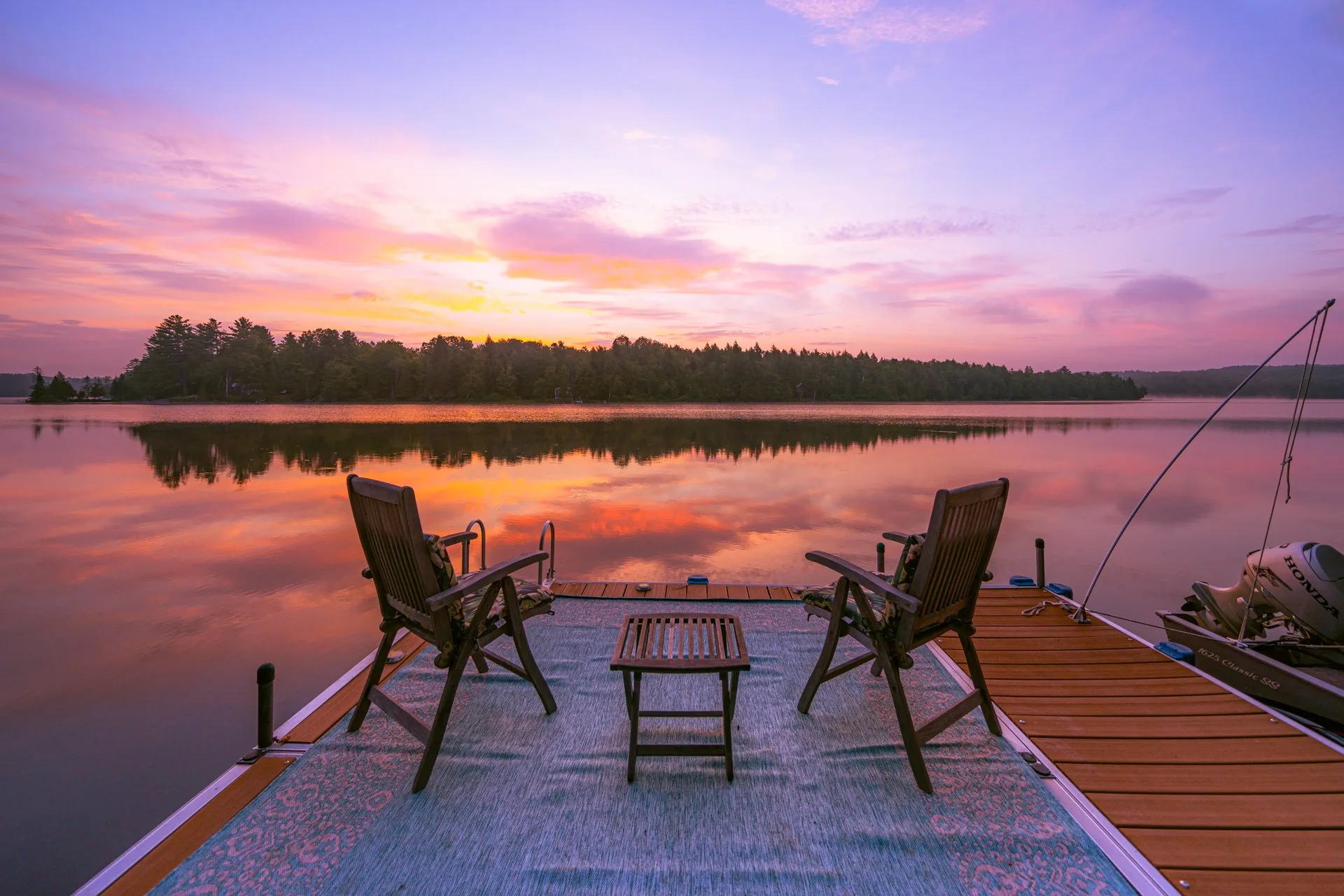 Sunset over Manhanock Pond from Dragonwood's dock