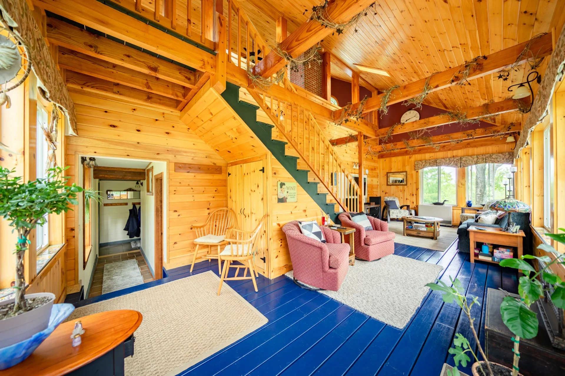 Warm wood living space inside the Main House